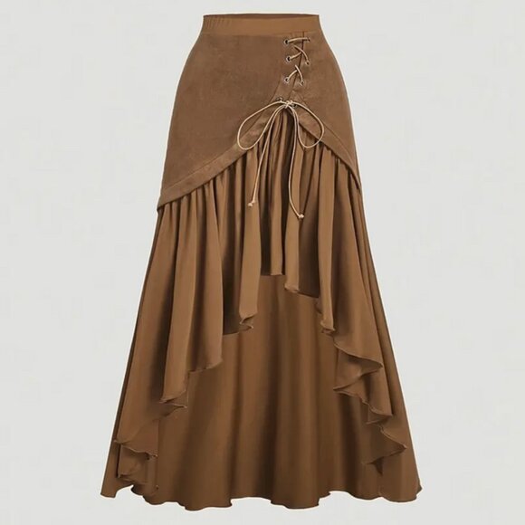 NWT Women Maxi Skirt Western Caramel Camel Brown Tie-up Twirly Flowy Cowgirl M&L - Picture 1 of 10